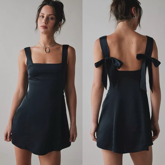 Urban Outfitters Dresses & Skirts - Urban Outfitters Bri Double Bow Satin Mini Dress Black Womens Large EUC $59